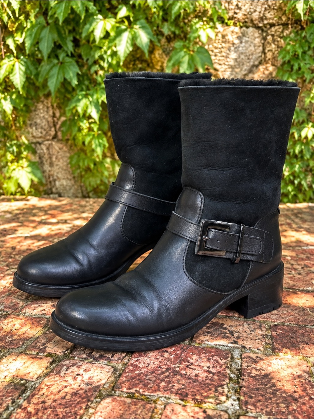 AQUATALIA Edgy Shearling Lined Black Leather Bikercore Italian Moto Boots, 7
